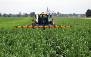 Sidedressing Maize with Nitrogen using a high-clearance sprayer.